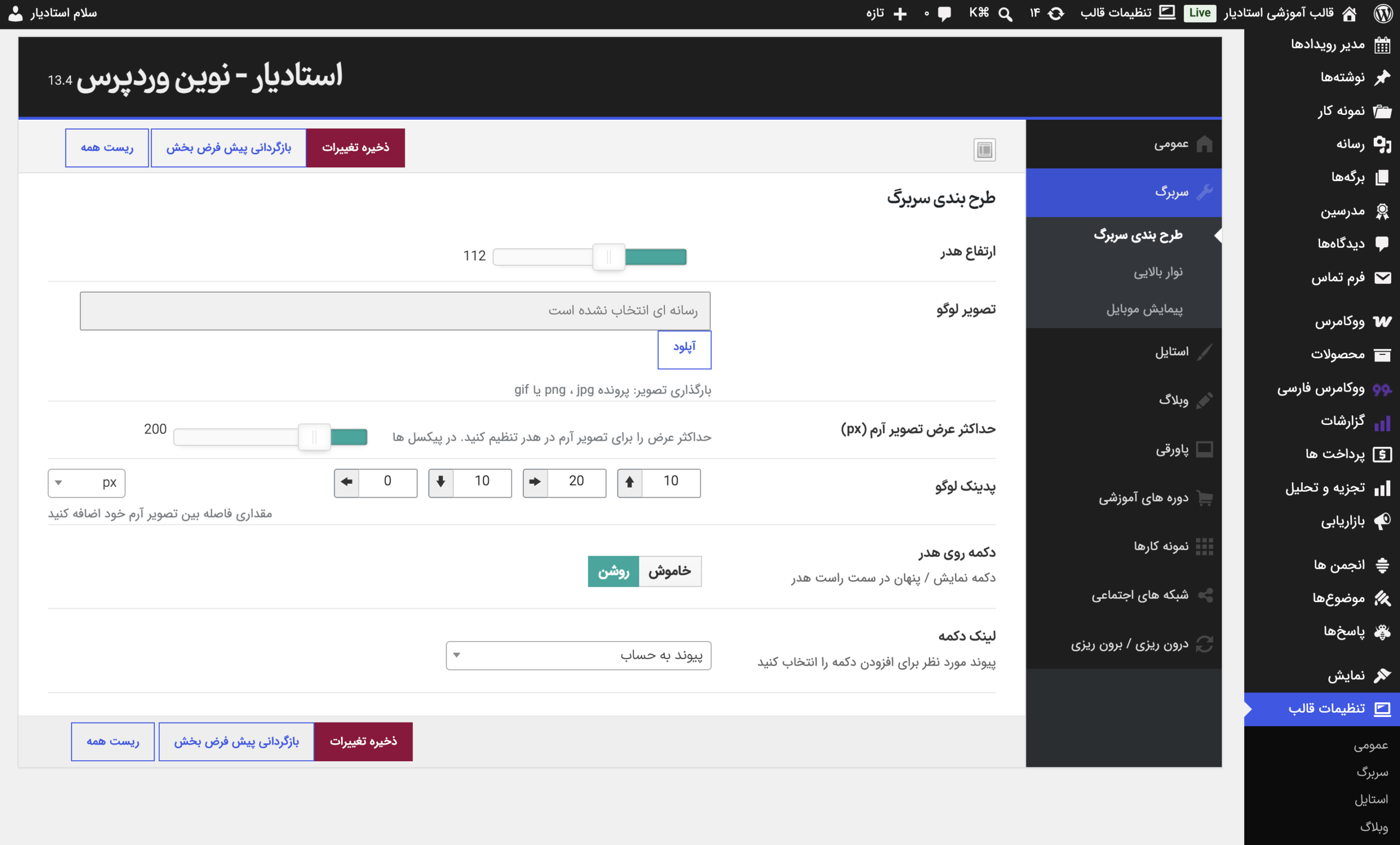پنل تنظیمات قالب استادیار