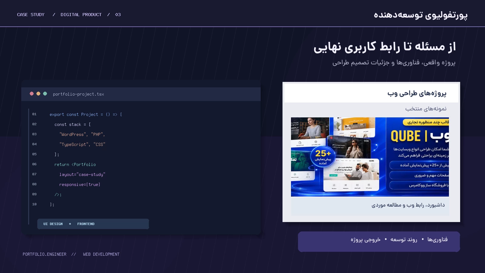 طراحی فارسی پورتفولیوی برنامه‌نویس با نمای ویرایشگر کد TypeScript و PHP، فناوری‌های توسعه و مطالعه موردی رابط وب در وردپرس