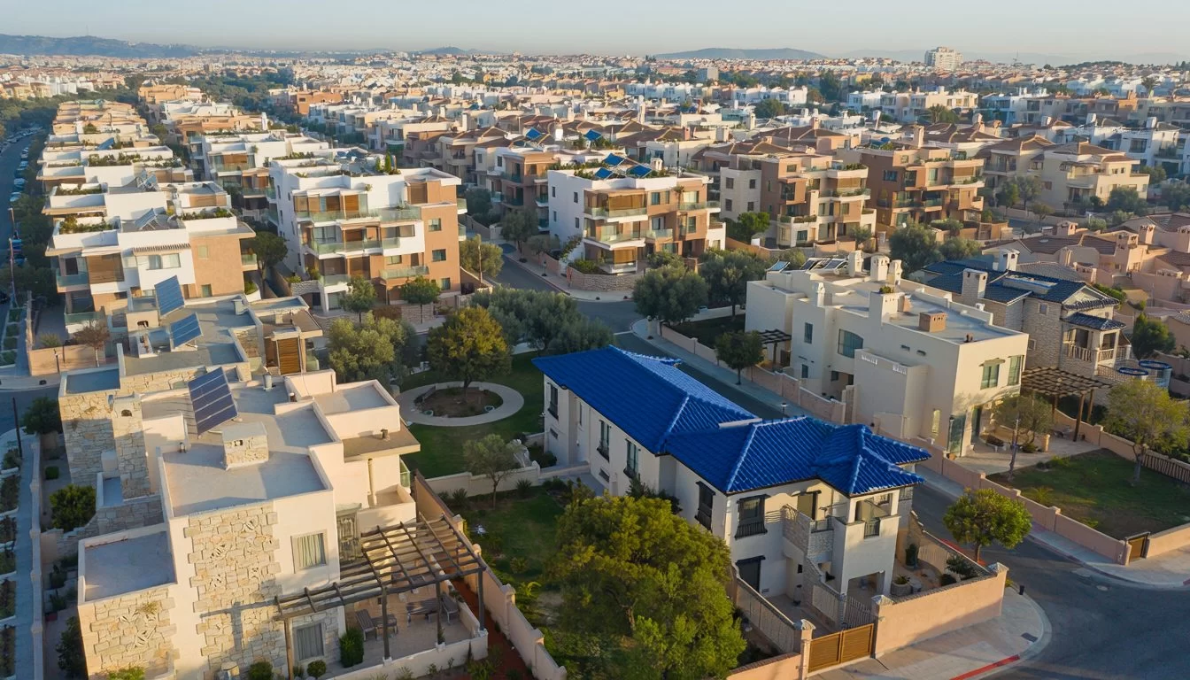 نمای هوایی محله مسکونی با آپارتمانها، خانههای ویلایی، خیابانهای درختکاریشده و فضای سبز