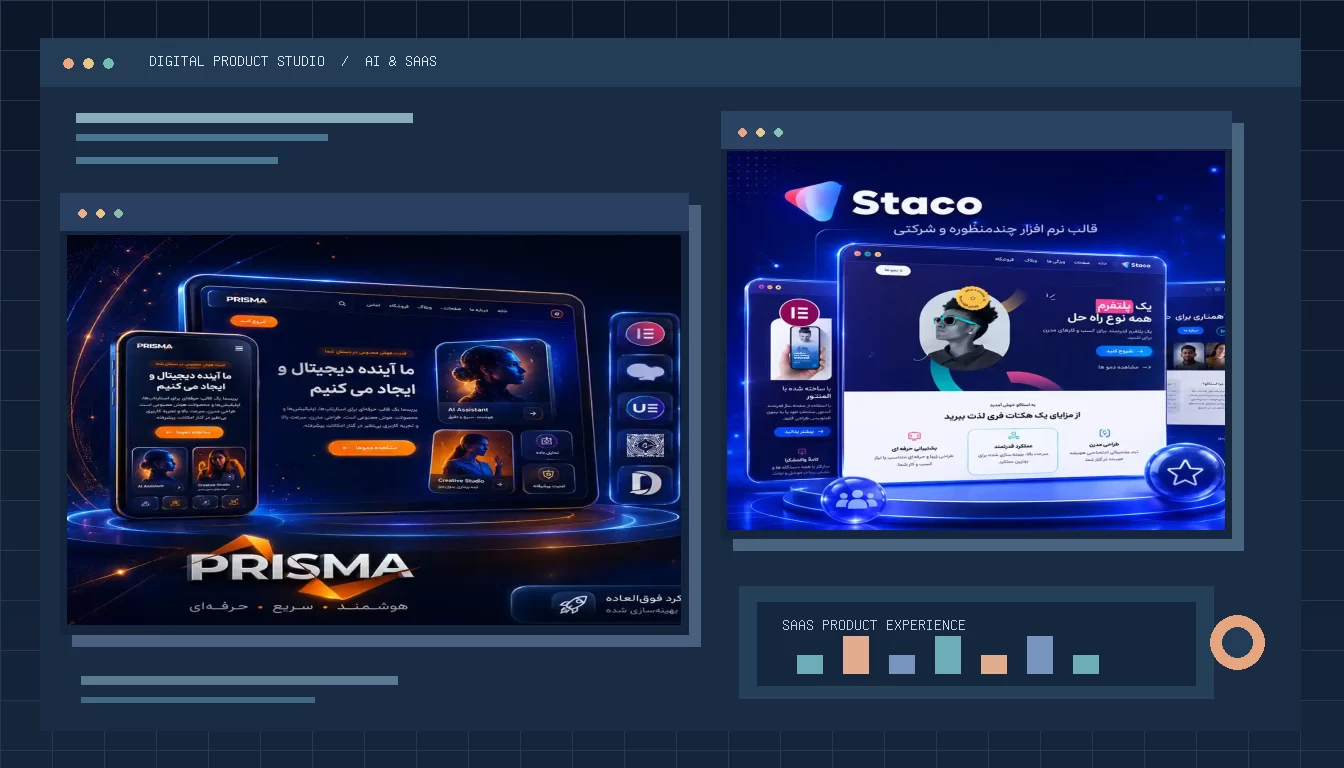ترکیب حرفهای ماکاپهای قالب Prisma و Staco برای لندینگ نرمافزار، هوش مصنوعی و صفحات SaaS در دو پنجره مرورگر